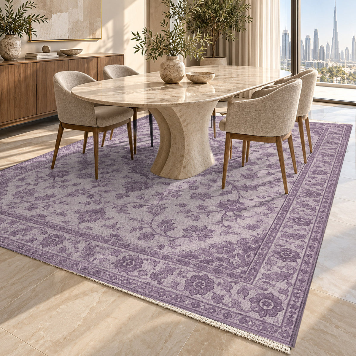 Vintage Botanical Plum Sand Washable Rug — dubai dining