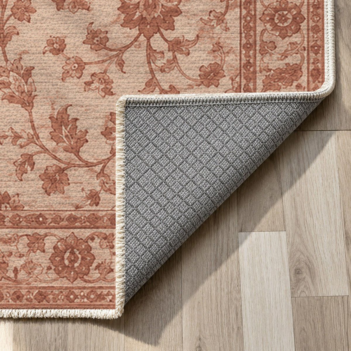 Vintage Botanical Rust Cream Washable Rug — backing close up