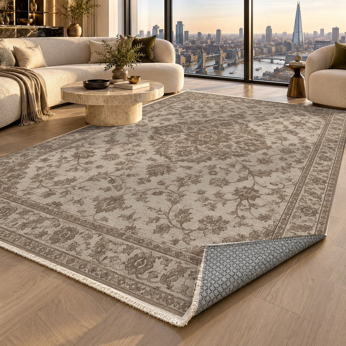 Vintage Botanical Warm Beige Taupe Washable Rug — london luxury living