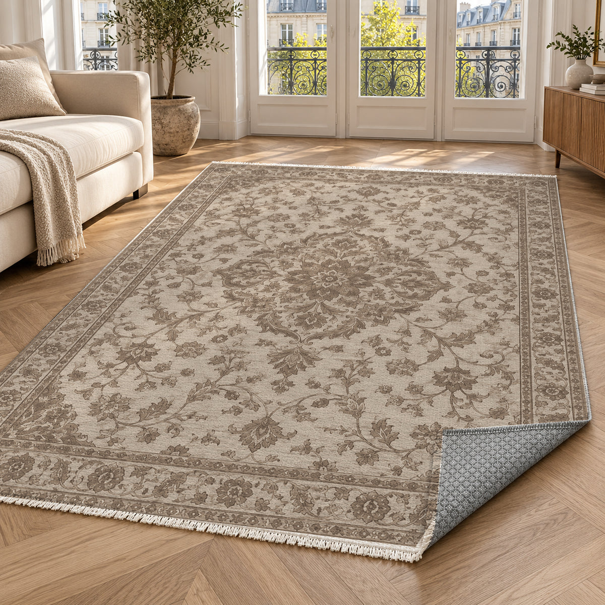 Vintage Botanical Warm Beige Taupe Washable Rug — paris living