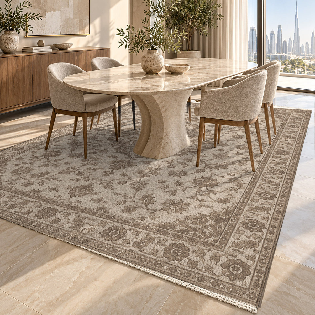Vintage Botanical Warm Beige Taupe Washable Rug — dubai dining