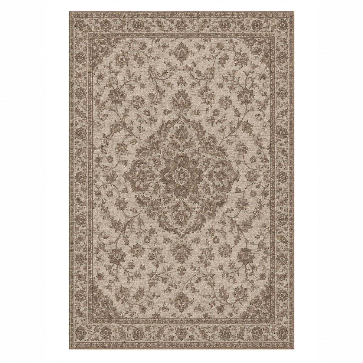 Vintage Botanical Warm Beige Taupe Washable Rug — top view