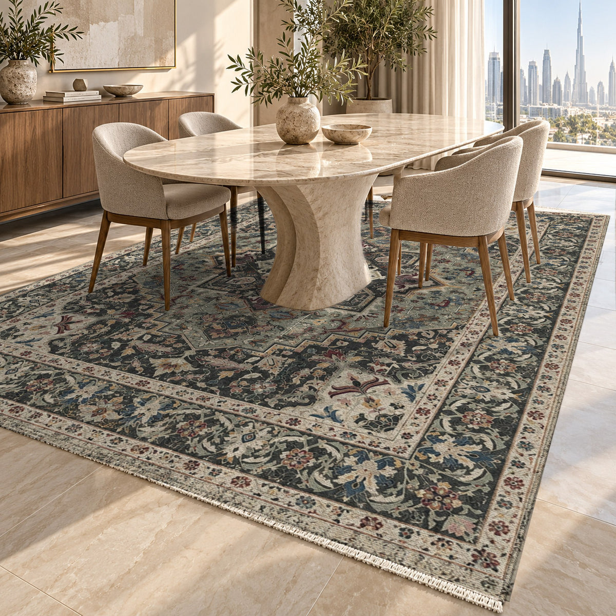 Vintage Heriz Black Washable Rug — dubai dining