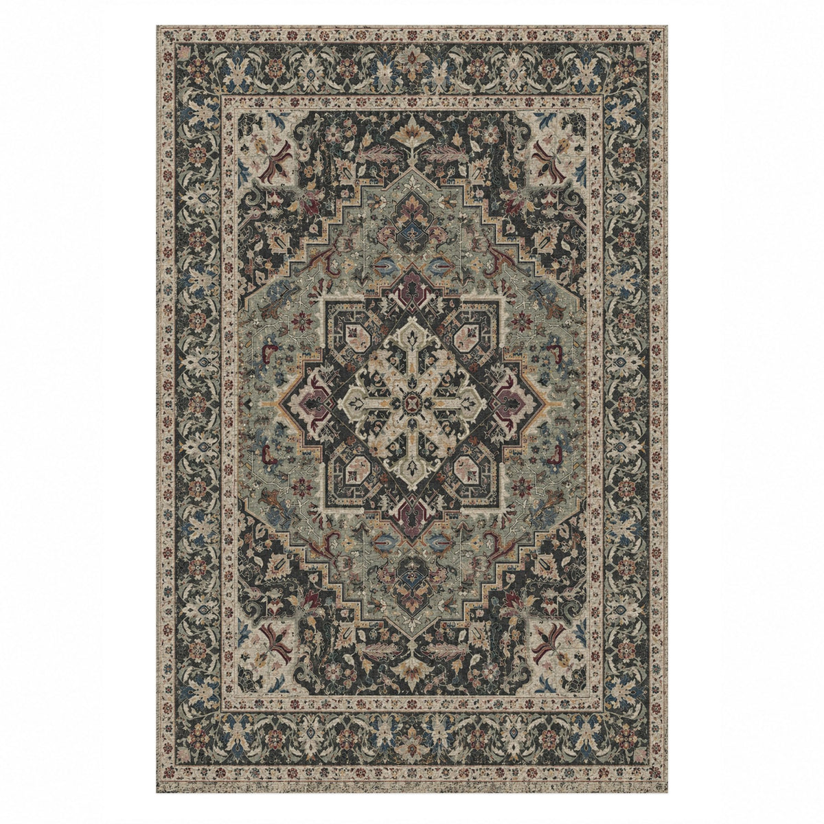 Vintage Heriz Black Washable Rug — top view