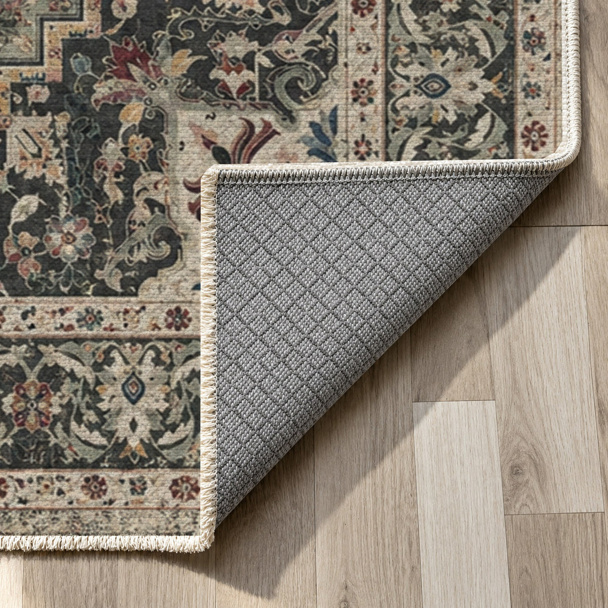 Vintage Heriz Black Washable Rug — backing close up