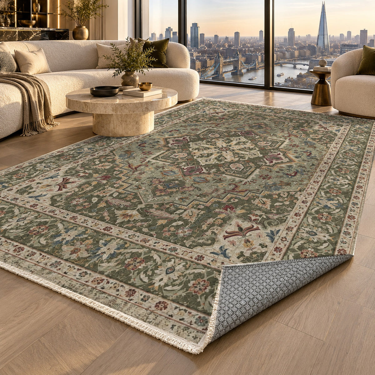 Vintage Heriz Khaki Green Washable Rug — london luxury living