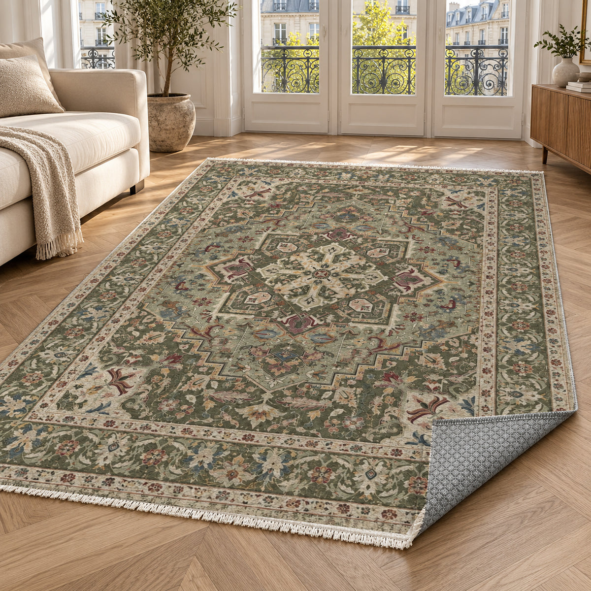 Vintage Heriz Khaki Green Washable Rug — paris living