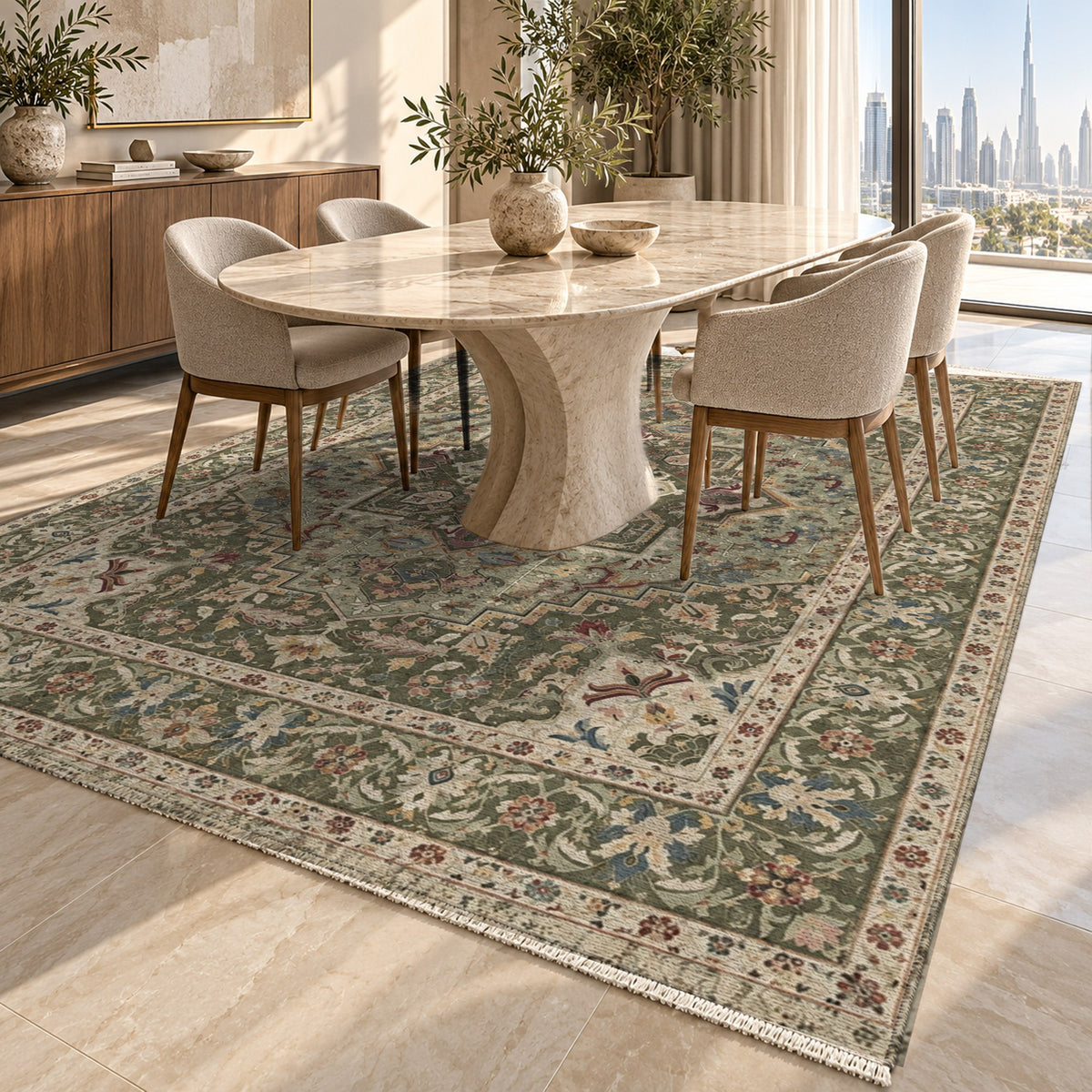 Vintage Heriz Khaki Green Washable Rug — dubai dining
