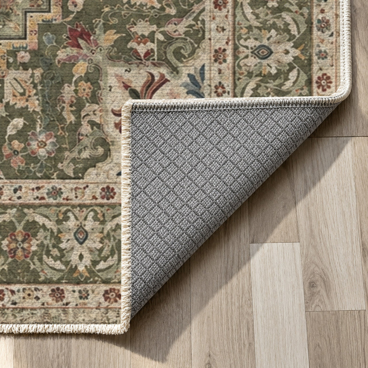Vintage Heriz Khaki Green Washable Rug — backing close up