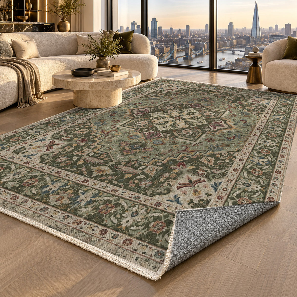 Vintage Heriz Olive Green Washable Rug — london luxury living