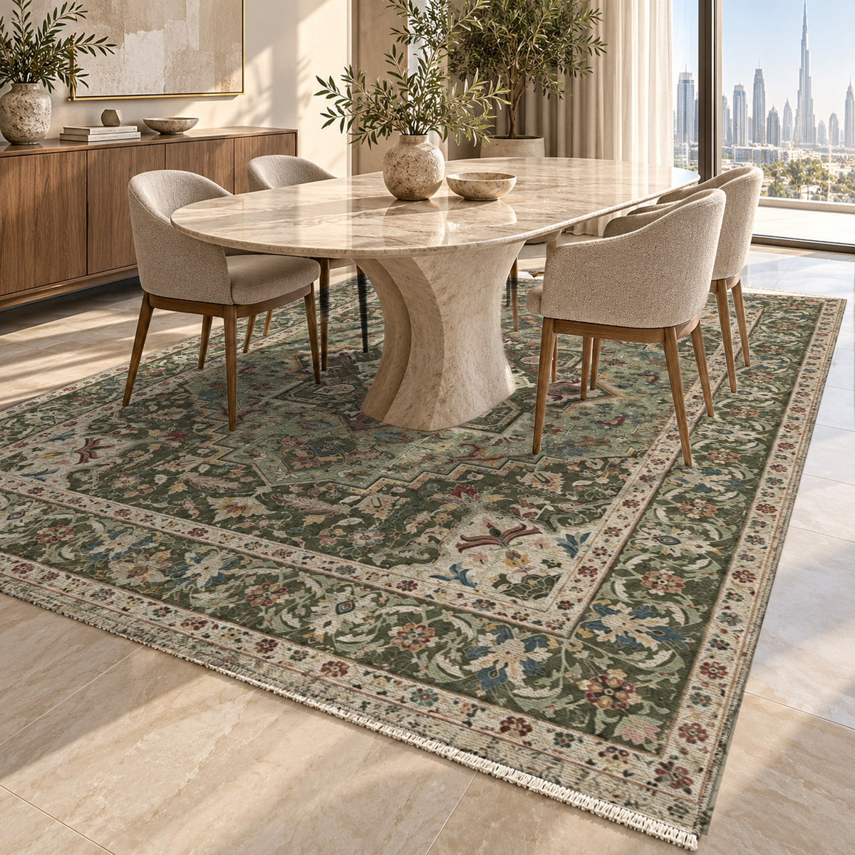 Vintage Heriz Olive Green Washable Rug — dubai dining