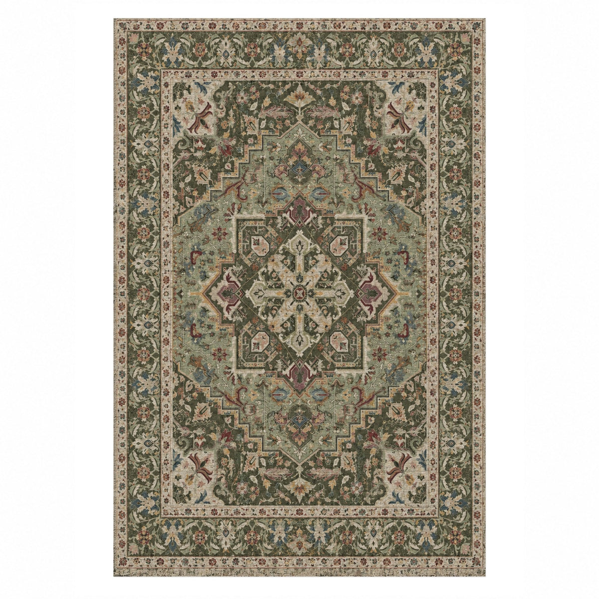 Vintage Heriz Olive Green Washable Rug — top view