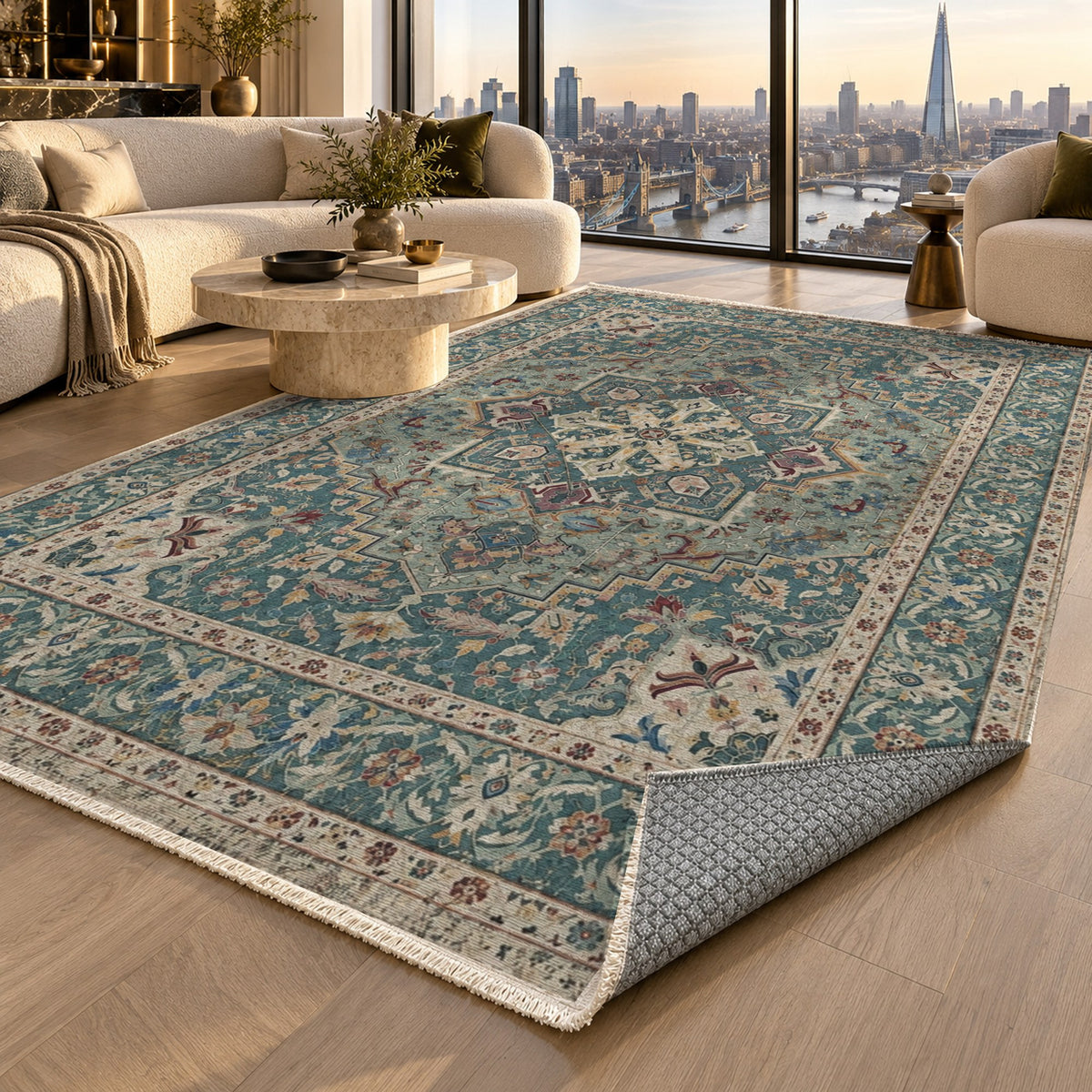 Vintage Heriz Turquoise Washable Rug — london luxury living