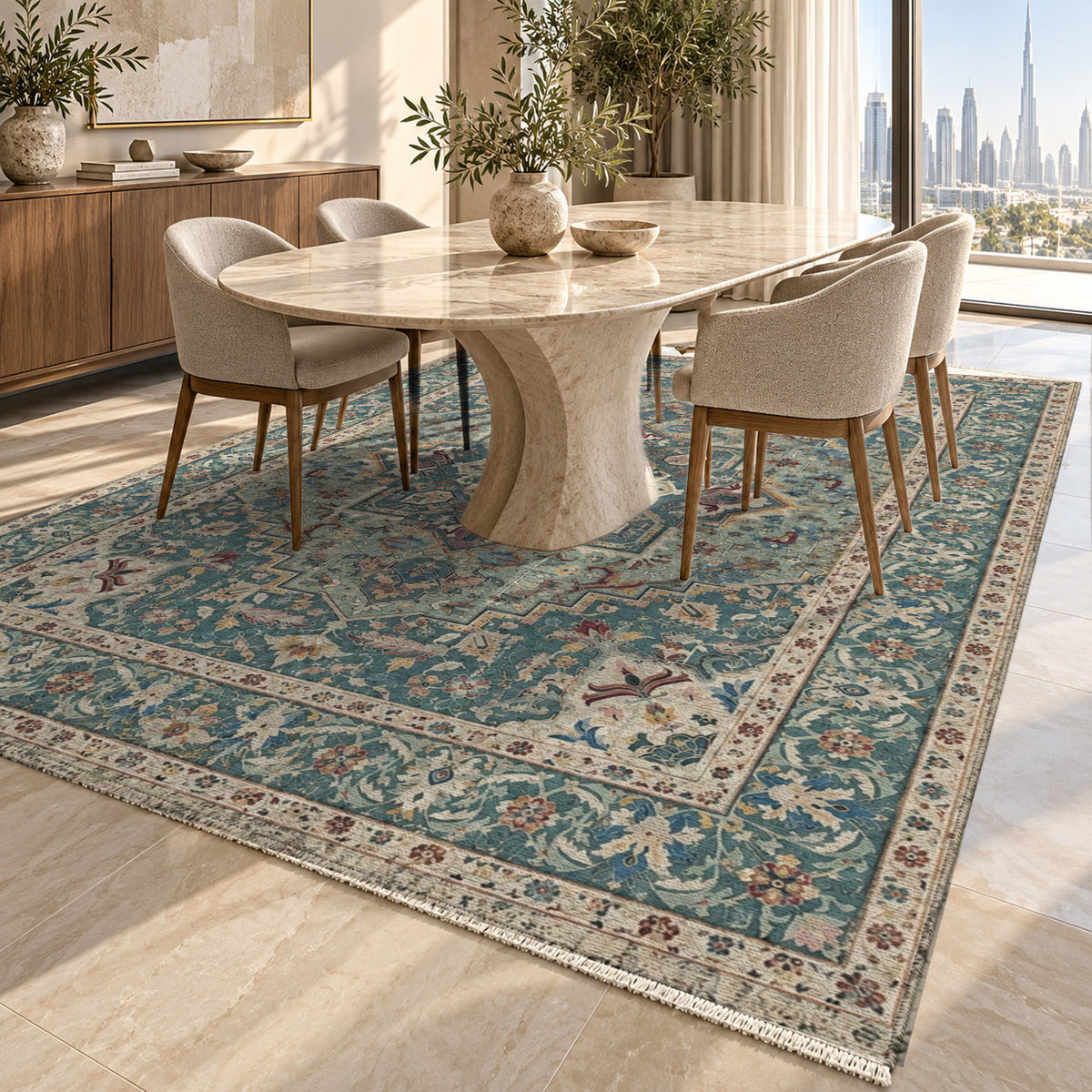 Vintage Heriz Turquoise Washable Rug — dubai dining
