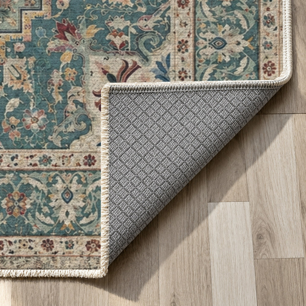 Vintage Heriz Turquoise Washable Rug — backing close up