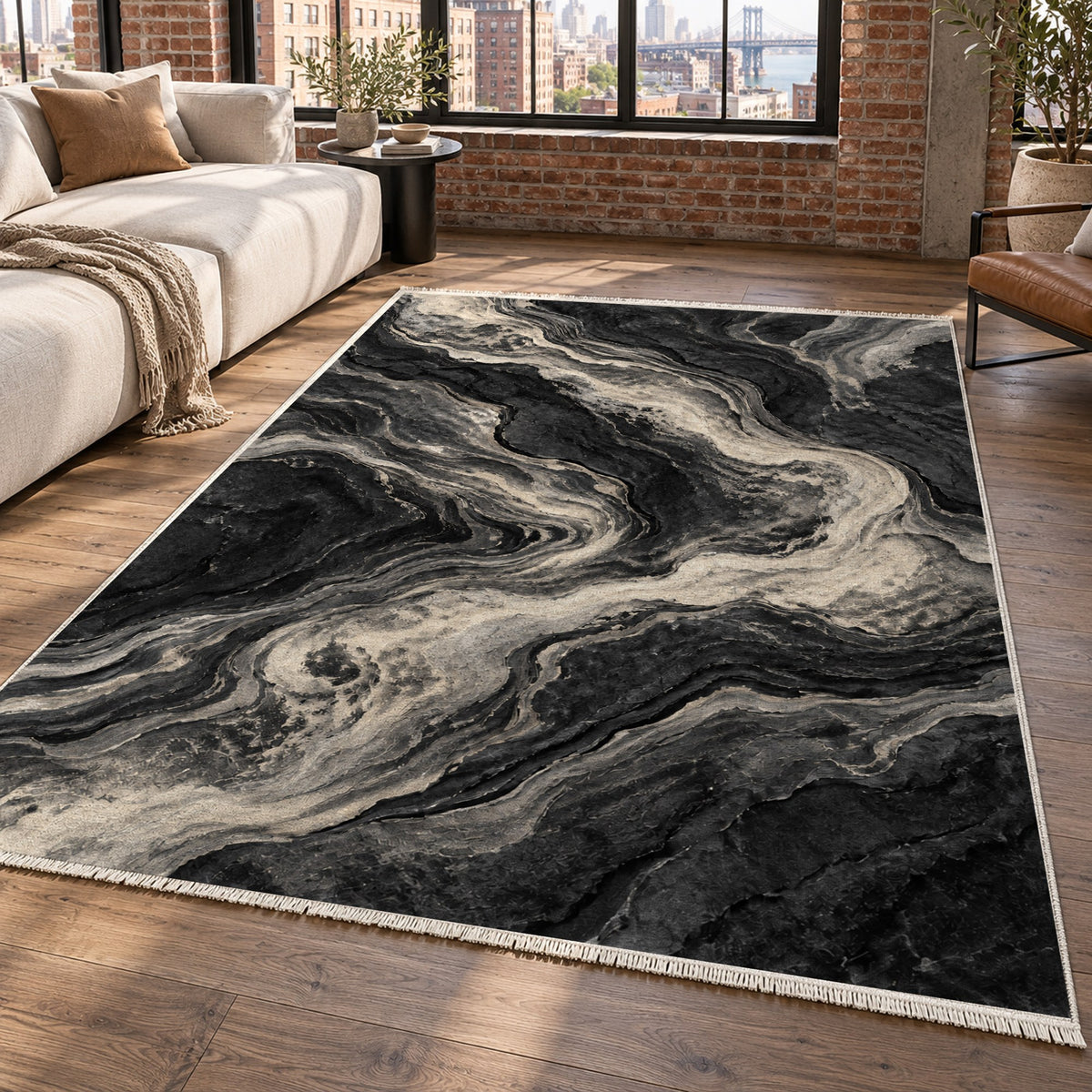 Volcanic Flow Charcoal Abstract Washable Rug — new york living