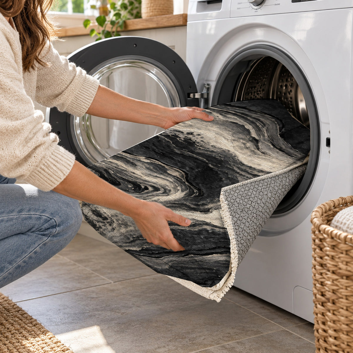 Volcanic Flow Charcoal Abstract Washable Rug — washing machine