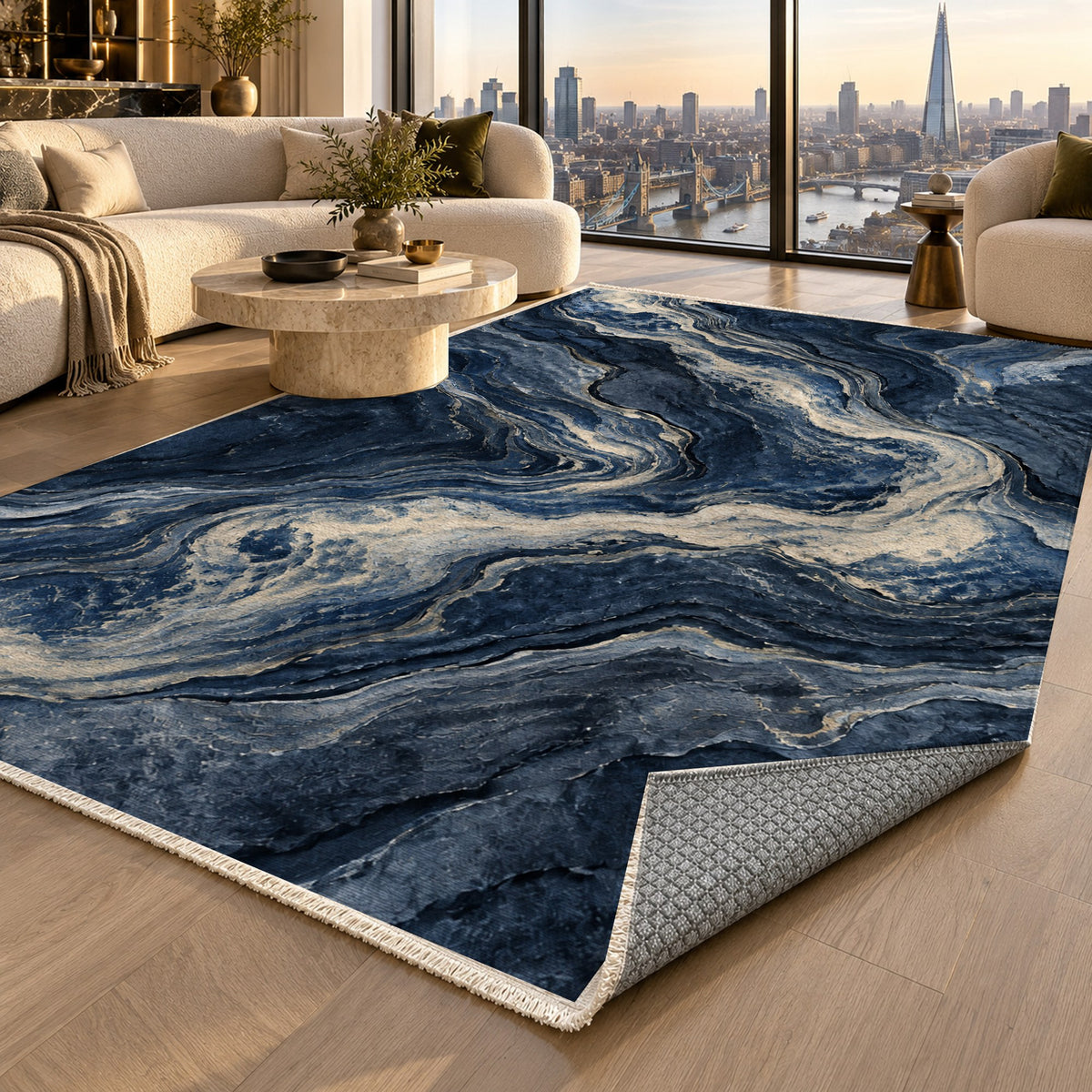 Volcanic Flow Indigo Abstract Washable Rug — london luxury living