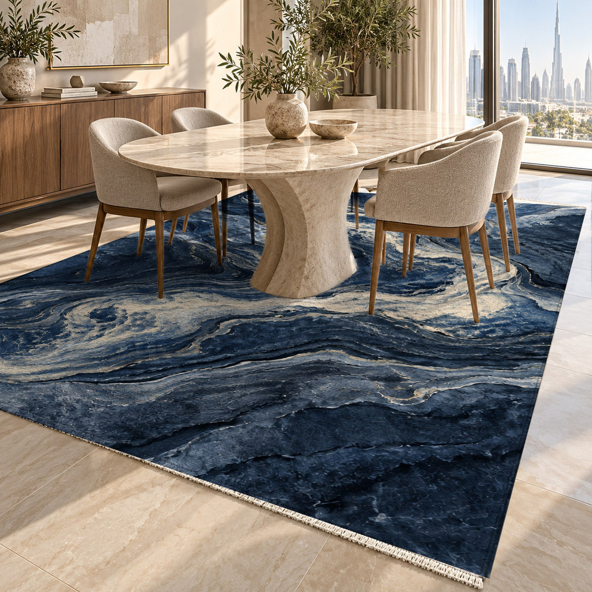 Volcanic Flow Indigo Abstract Washable Rug — dubai dining