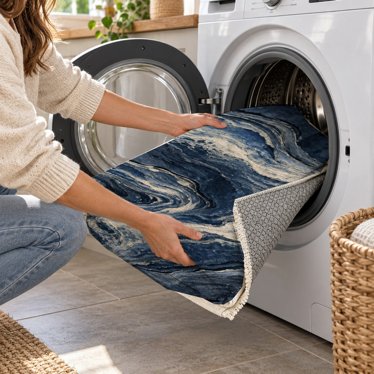Volcanic Flow Indigo Abstract Washable Rug — washing machine