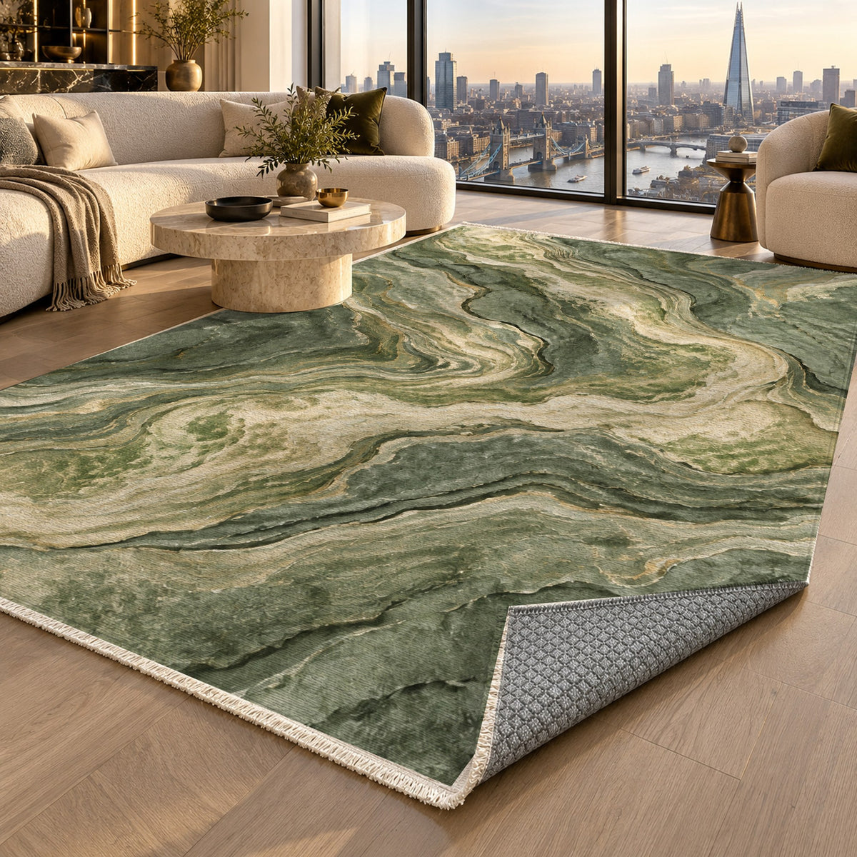 Volcanic Flow Sage Abstract Washable Rug — london luxury living