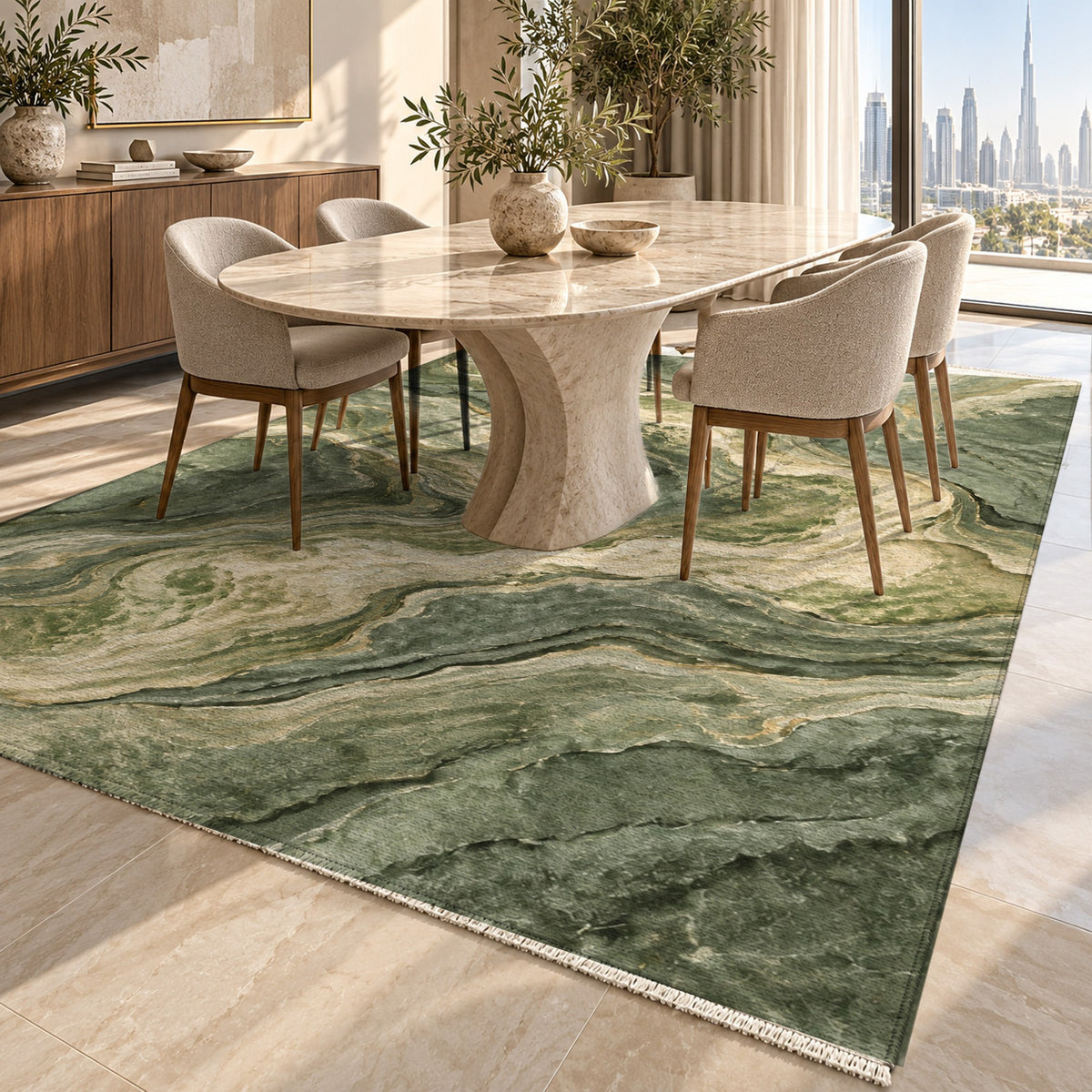 Volcanic Flow Sage Abstract Washable Rug — dubai dining