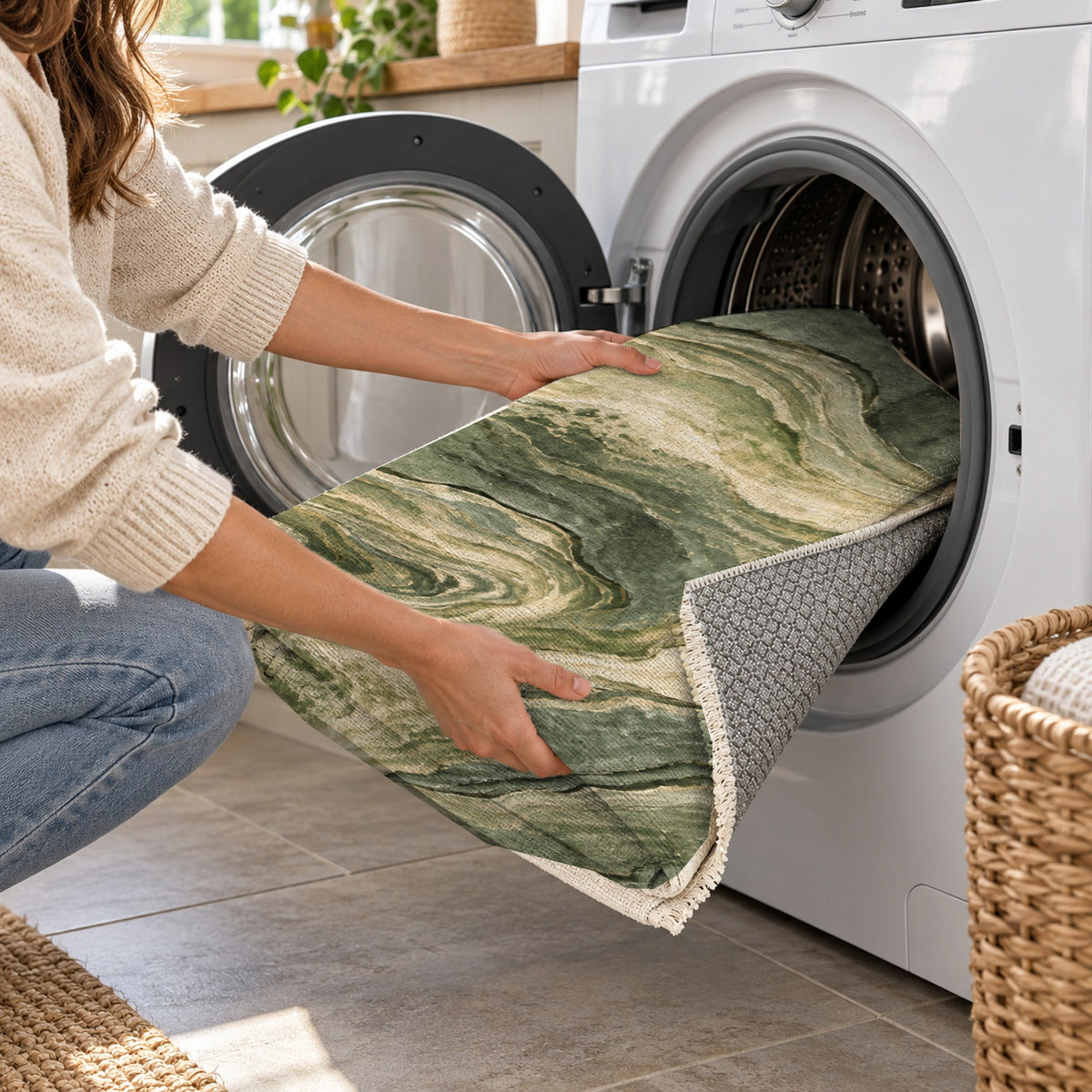 Volcanic Flow Sage Abstract Washable Rug — washing machine