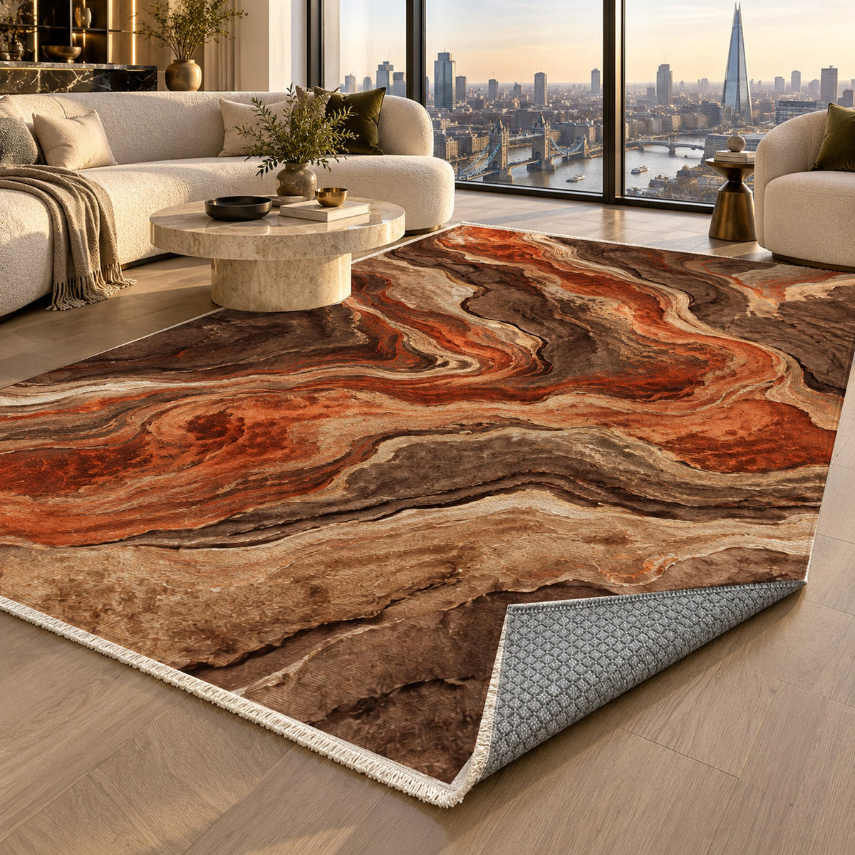 Volcanic Flow Terracotta Abstract Washable Rug — london luxury living