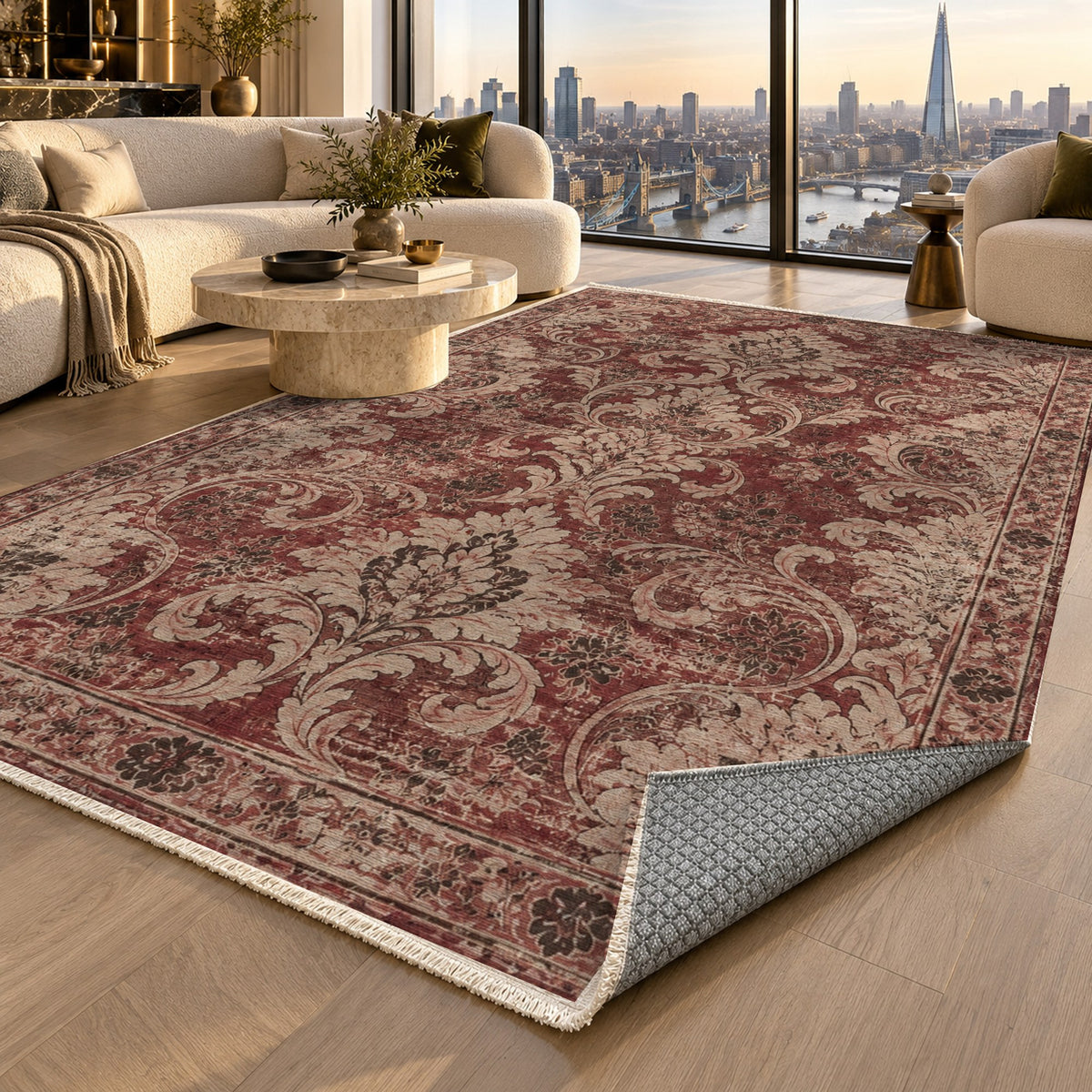 Washed Damask Burgundy Red Vintage Washable Rug — london luxury living