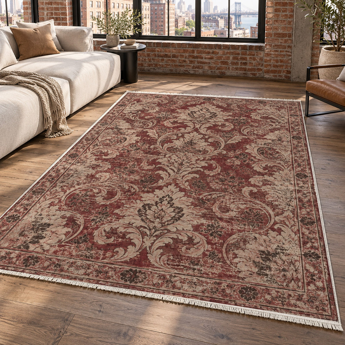 Washed Damask Burgundy Red Vintage Washable Rug — new york living
