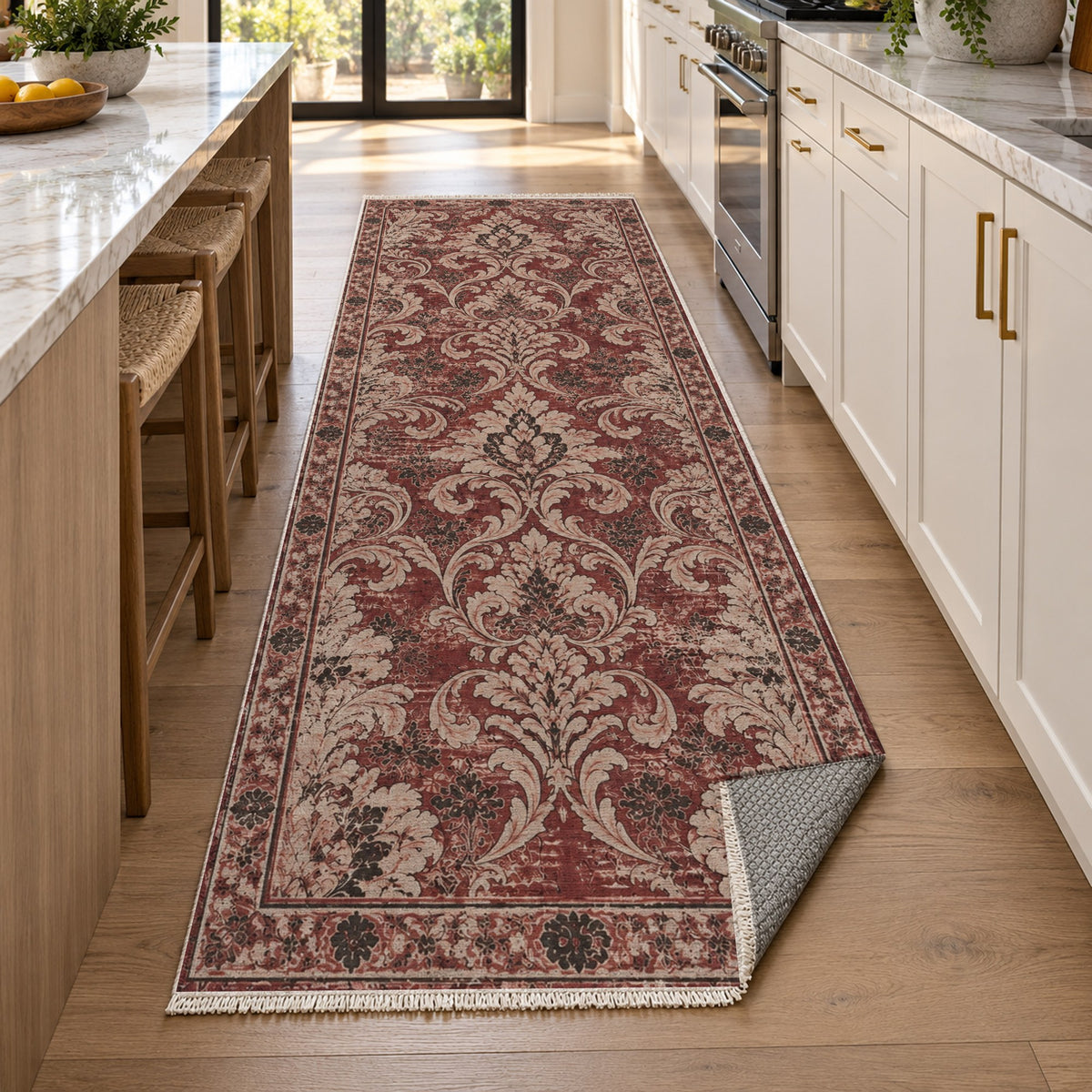 Washed Damask Burgundy Red Vintage Washable Rug — new york kitchen runner
