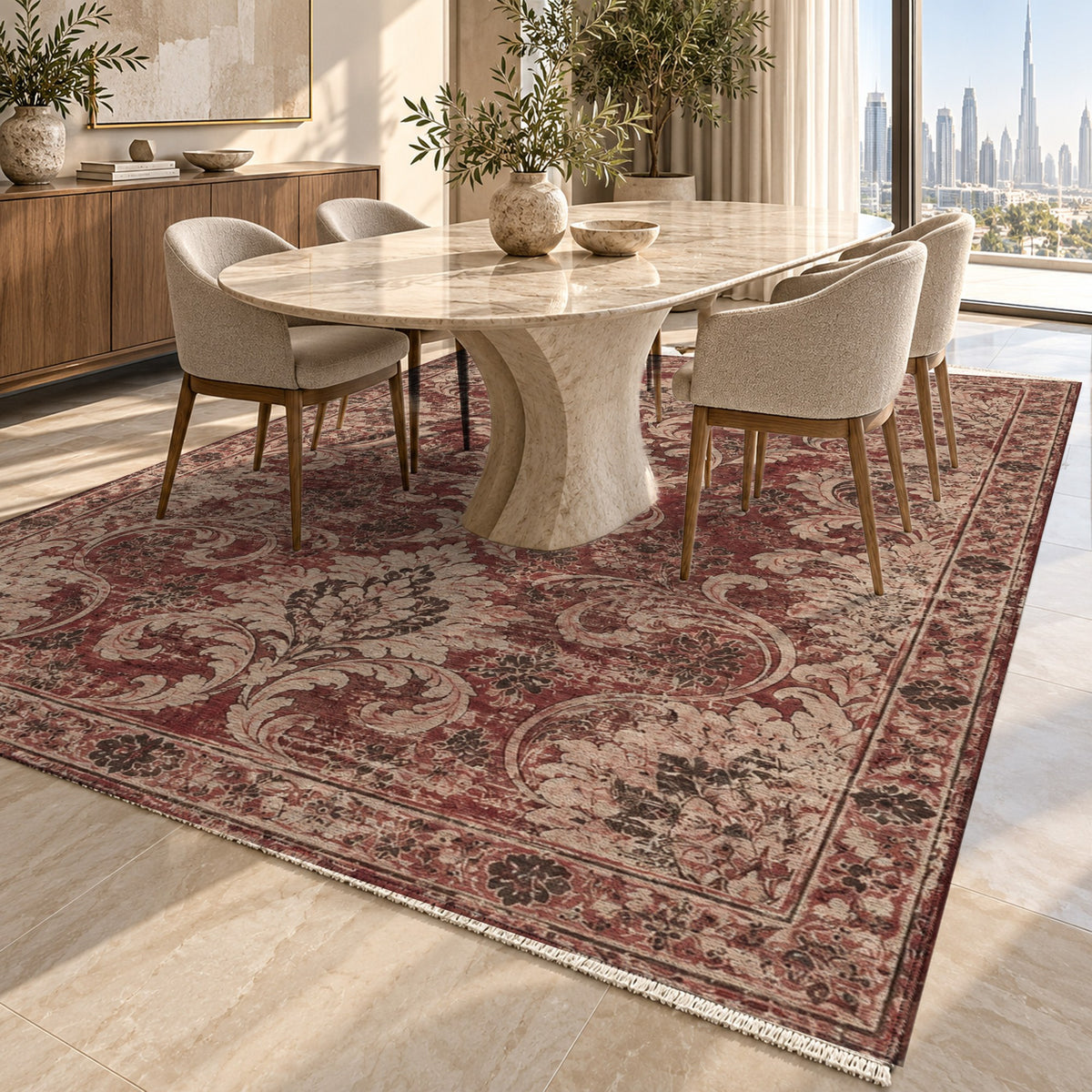Washed Damask Burgundy Red Vintage Washable Rug — dubai dining