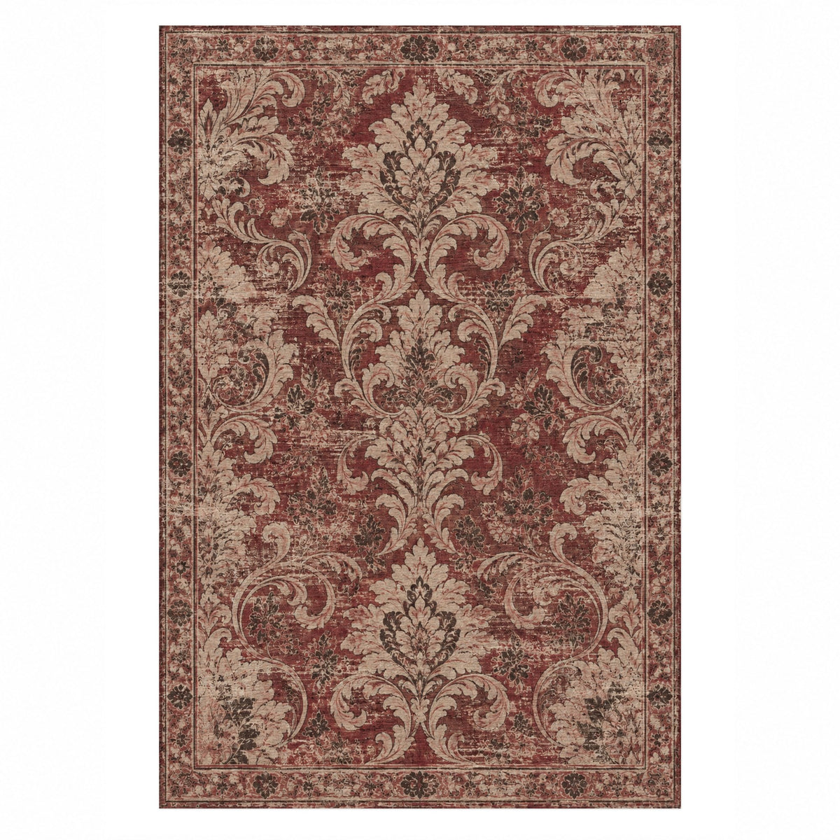 Washed Damask Burgundy Red Vintage Washable Rug — top view