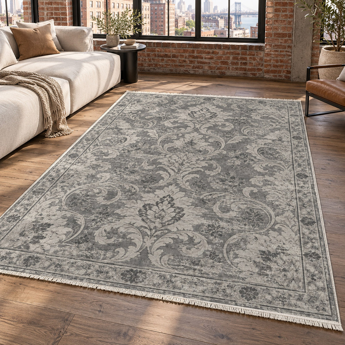 Washed Damask Charcoal Silver Vintage Washable Rug — new york living