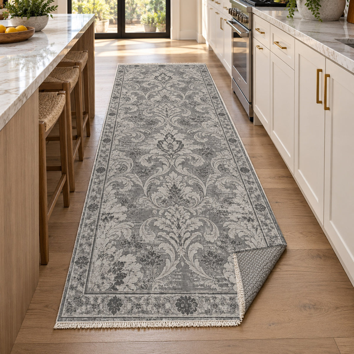 Washed Damask Charcoal Silver Vintage Washable Rug — new york kitchen runner