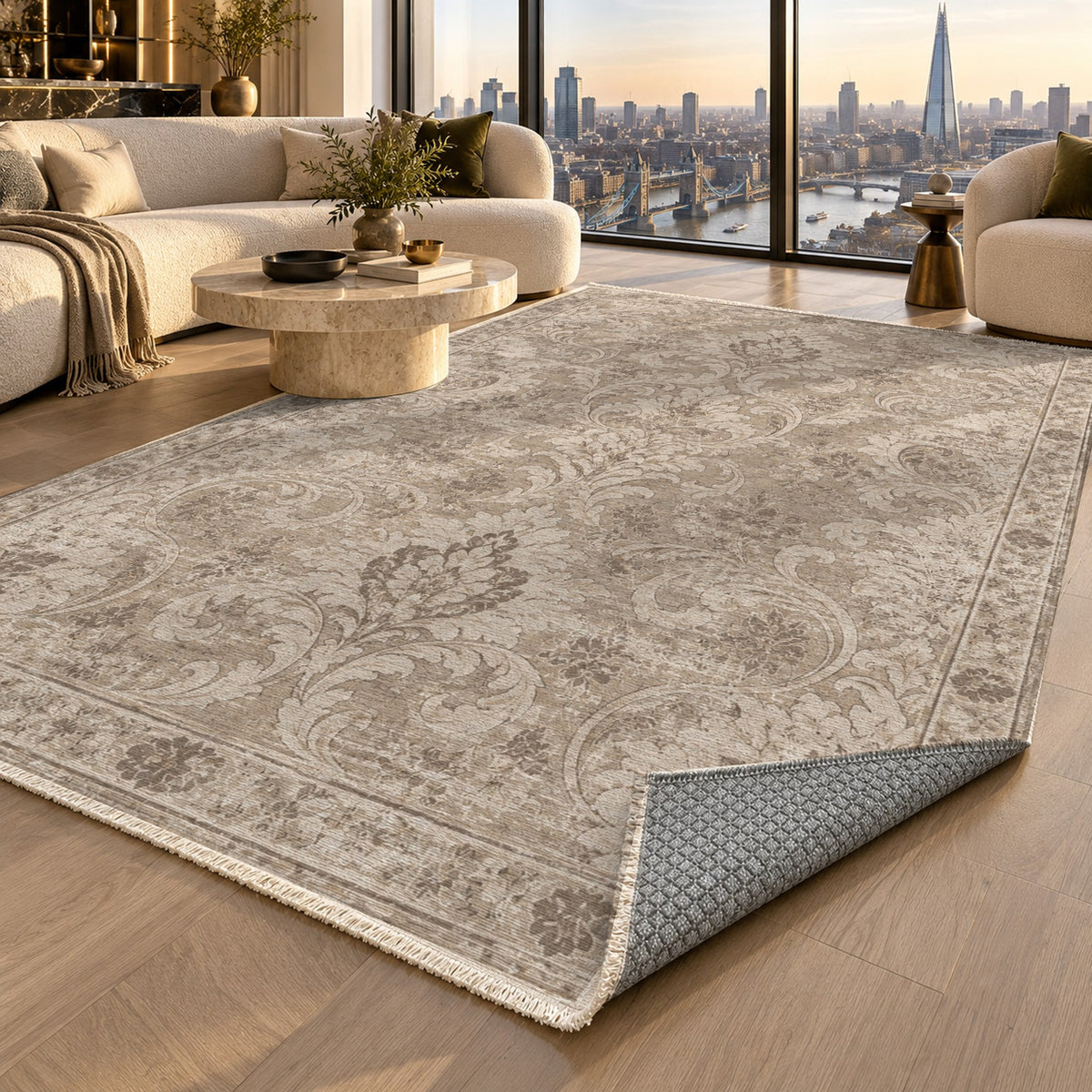 Washed Damask Ivory Taupe Vintage Washable Rug — london luxury living