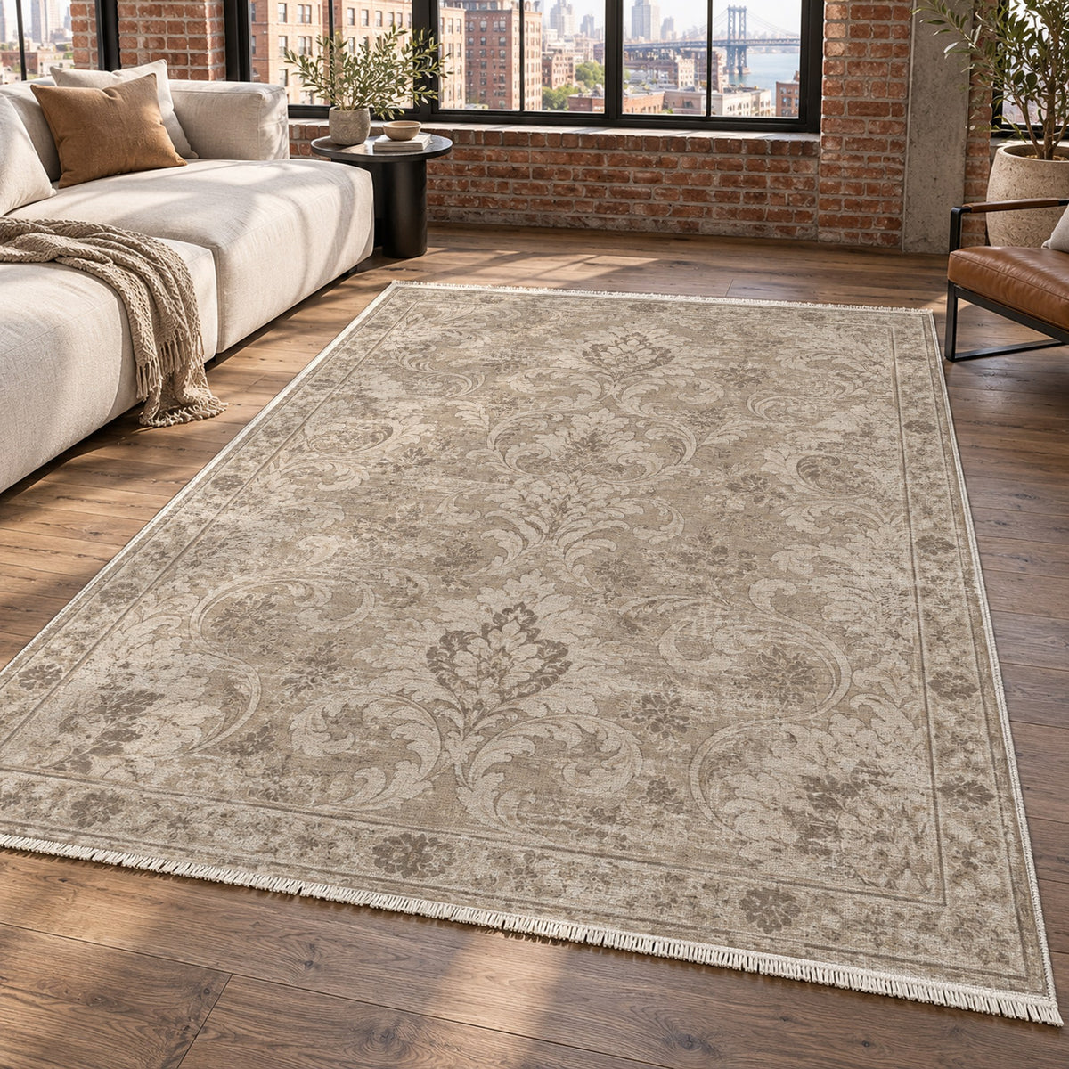 Washed Damask Ivory Taupe Vintage Washable Rug — new york living