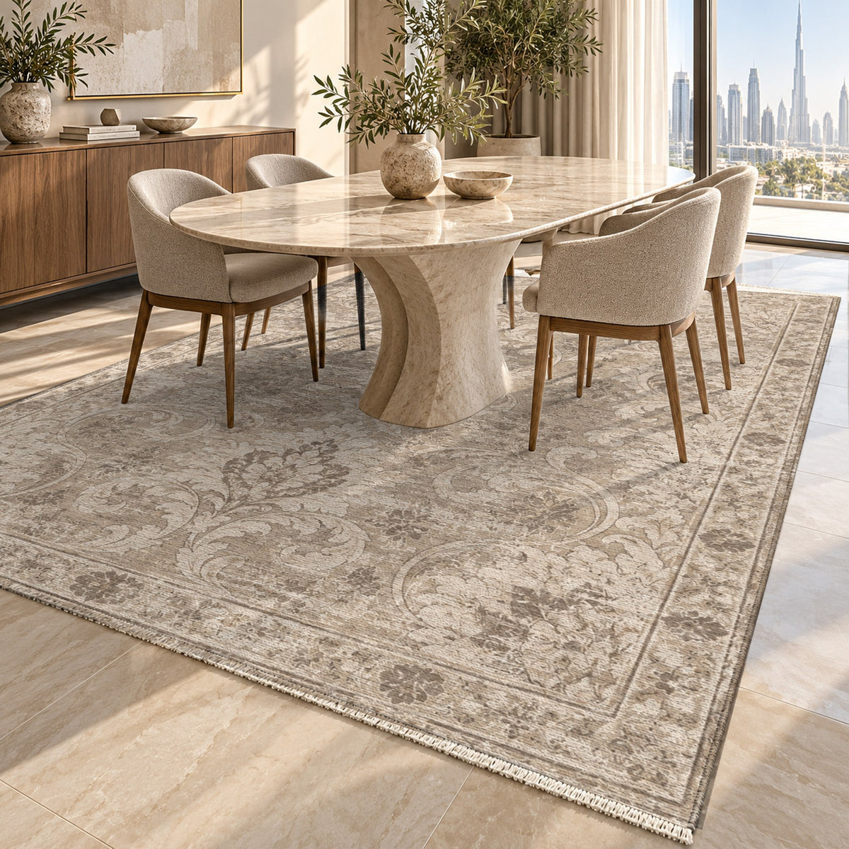 Washed Damask Ivory Taupe Vintage Washable Rug — dubai dining