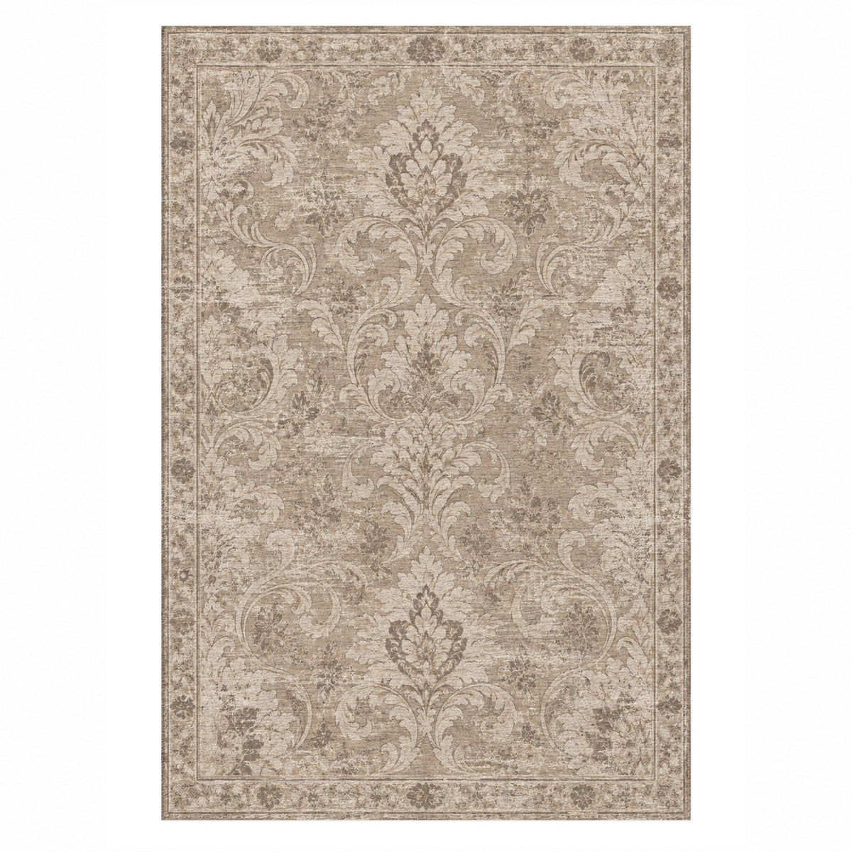 Washed Damask Ivory Taupe Vintage Washable Rug — top view