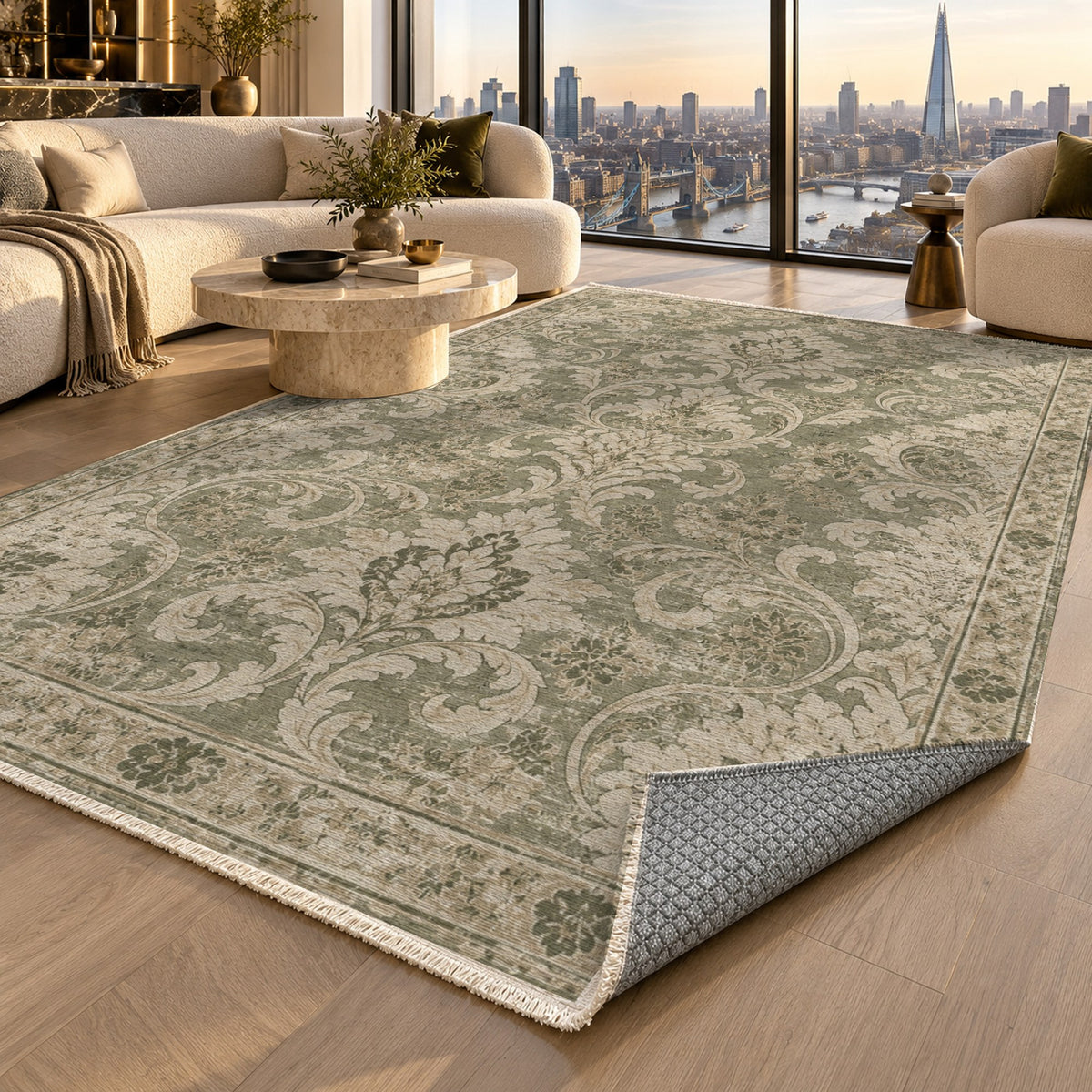 Washed Damask Olive Green Vintage Washable Rug — london luxury living