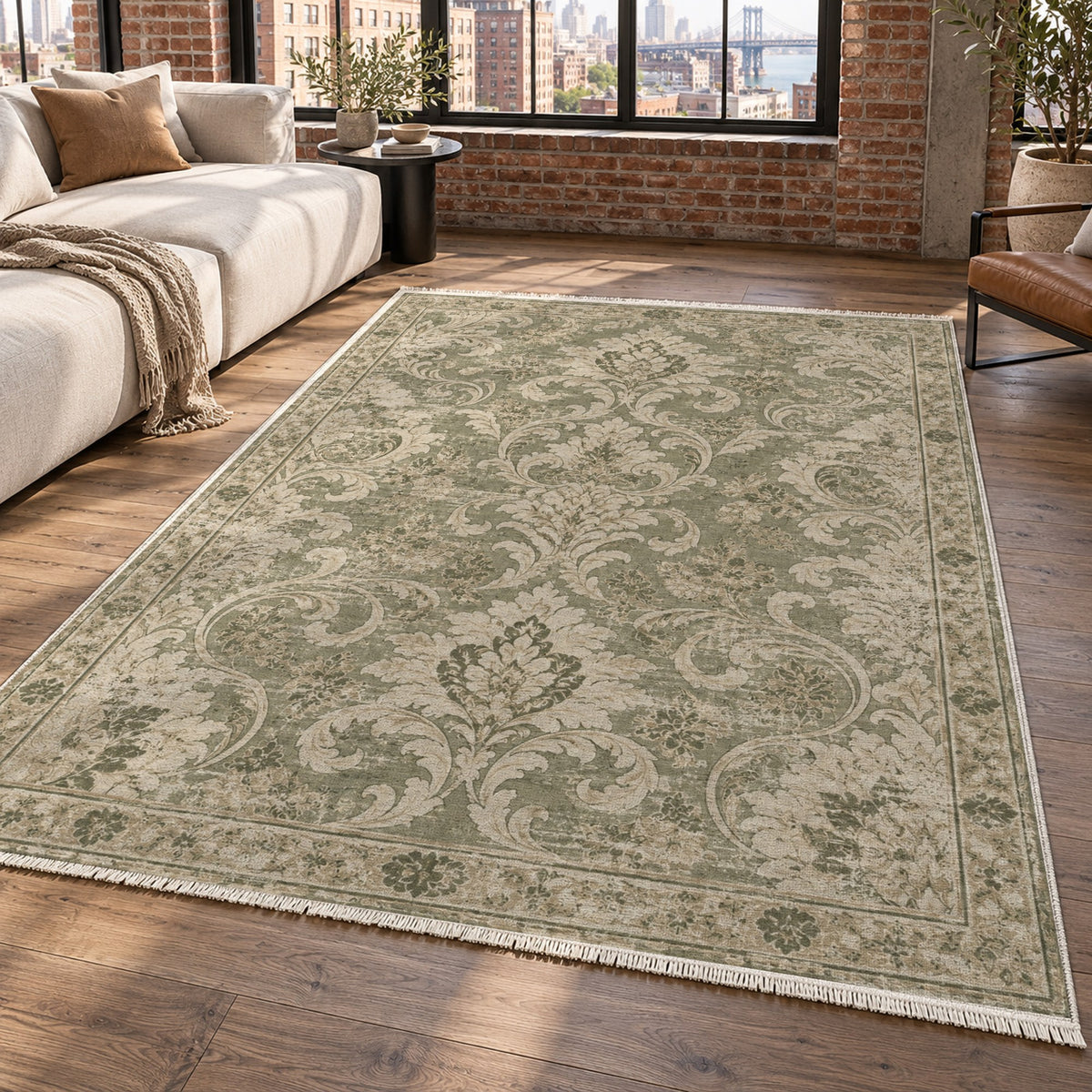 Washed Damask Olive Green Vintage Washable Rug — new york living