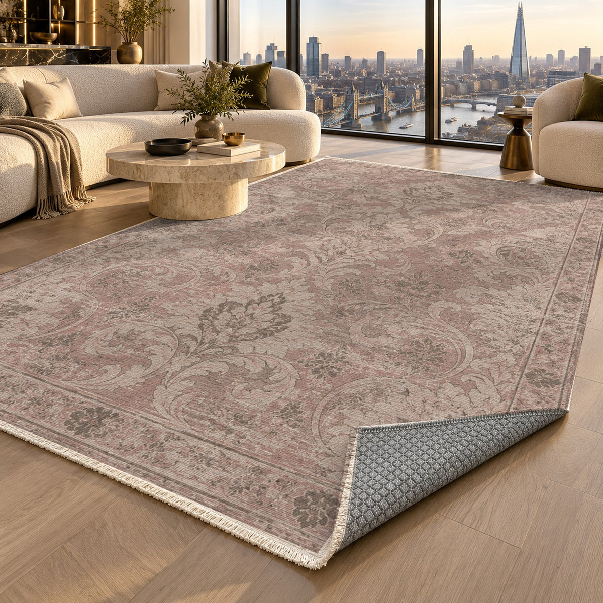 Washed Damask Rose Pink Vintage Washable Rug — london luxury living