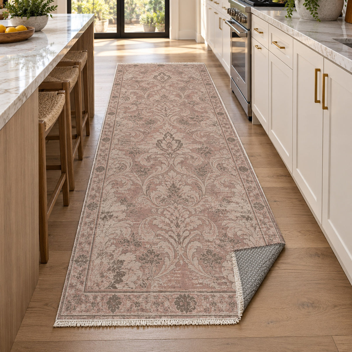 Washed Damask Rose Pink Vintage Washable Rug — new york kitchen runner