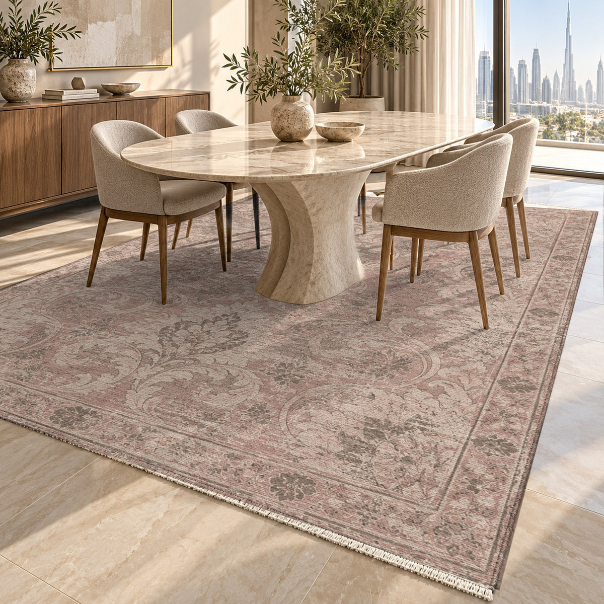 Washed Damask Rose Pink Vintage Washable Rug — dubai dining