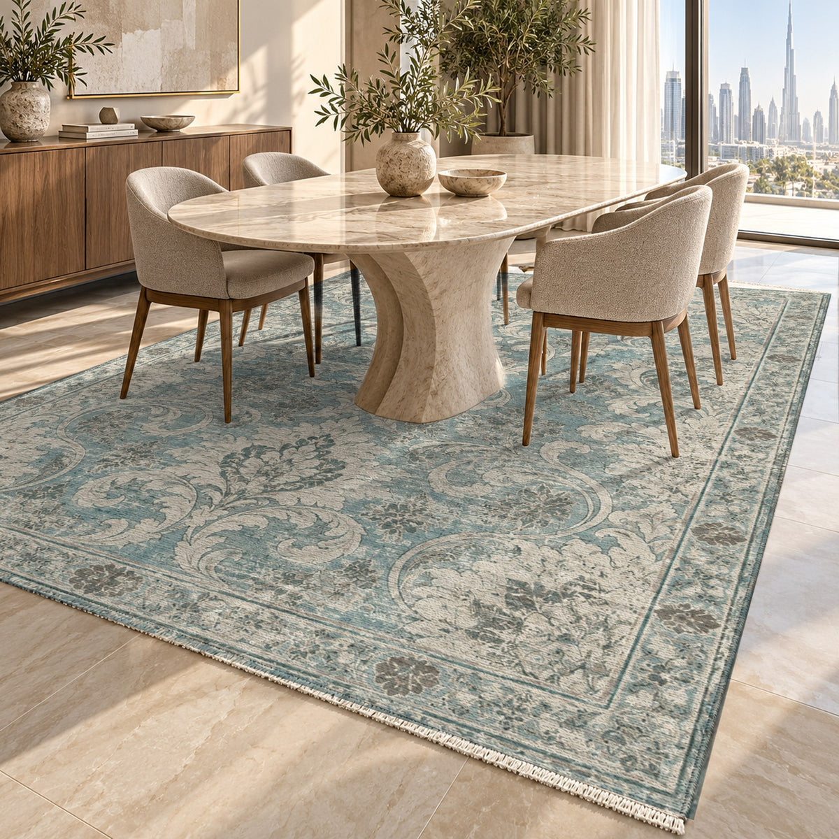 Washed Damask Turquoise Blue Vintage Washable Rug — dubai dining