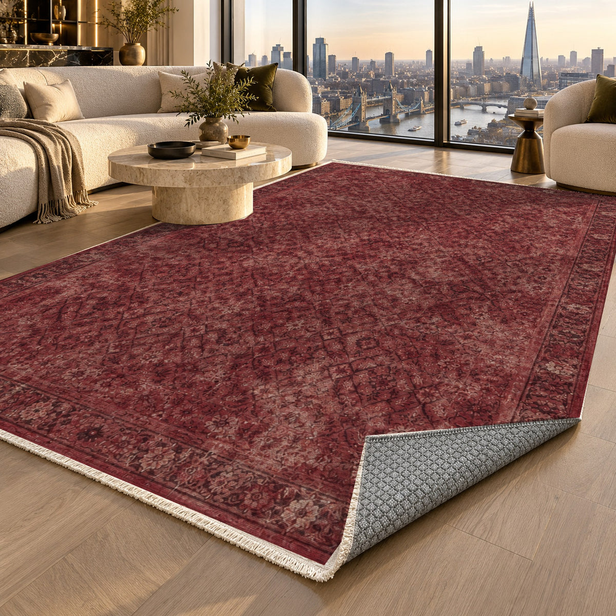 Washed Herati Burgundy Red Vintage Washable Rug — london luxury living