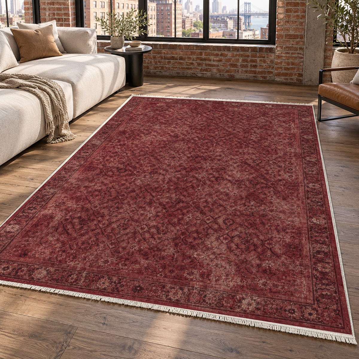 Washed Herati Burgundy Red Vintage Washable Rug — new york living