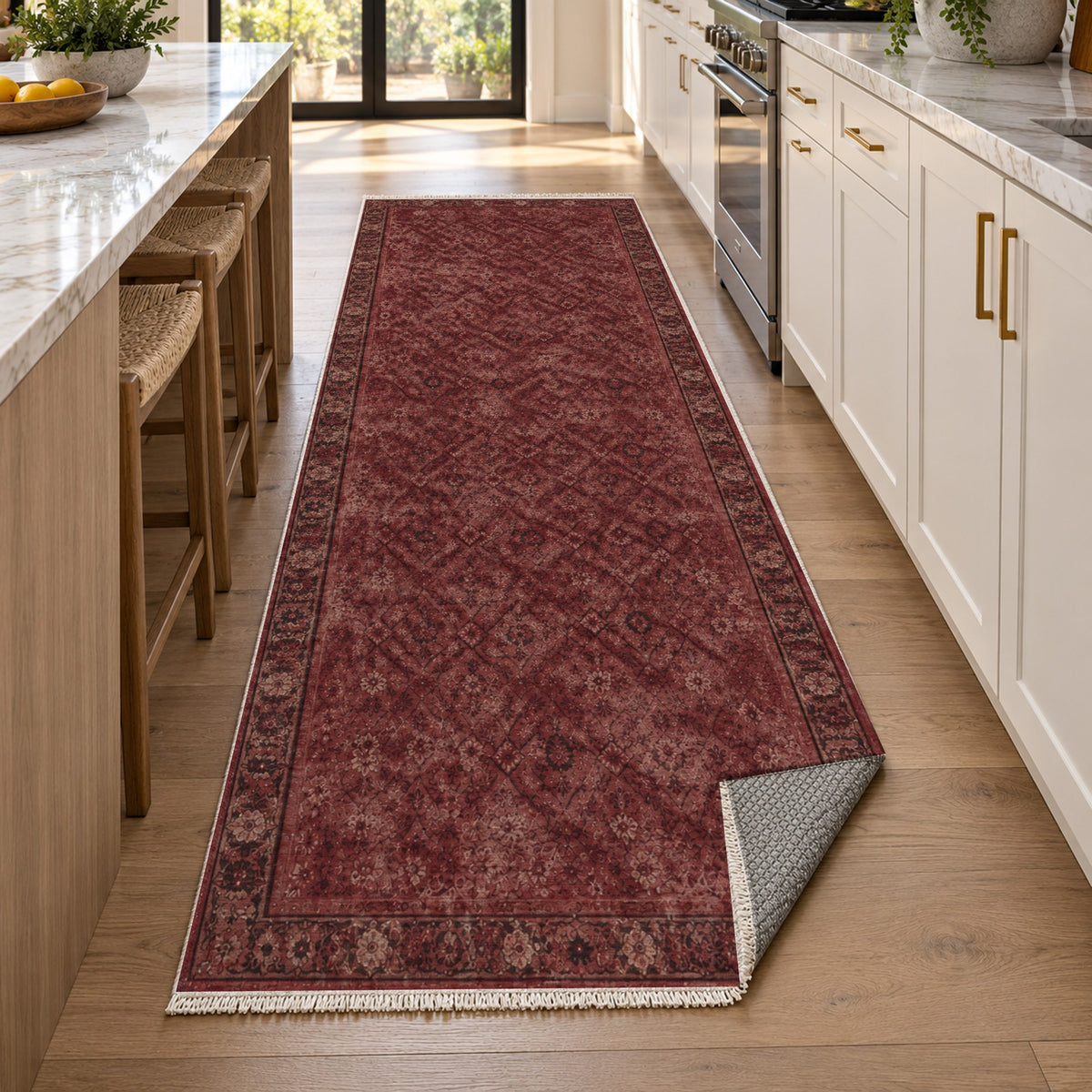 Washed Herati Burgundy Red Vintage Washable Rug — new york kitchen runner