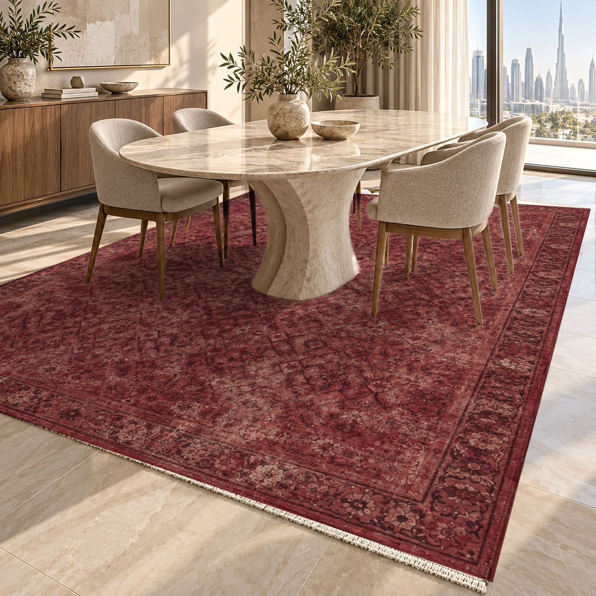 Washed Herati Burgundy Red Vintage Washable Rug — dubai dining