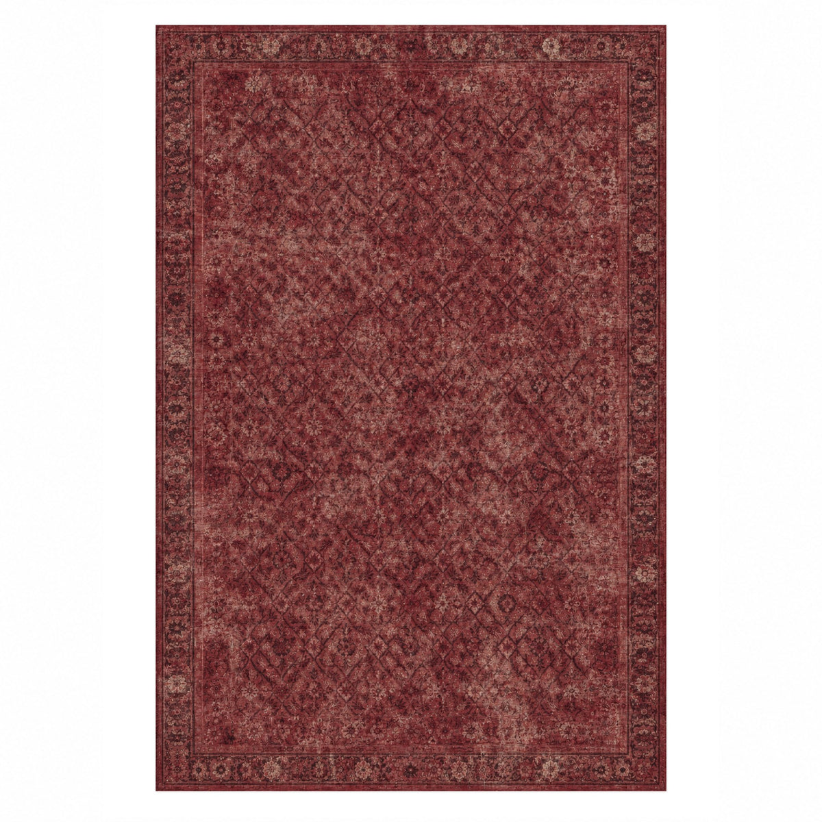 Washed Herati Burgundy Red Vintage Washable Rug — top view